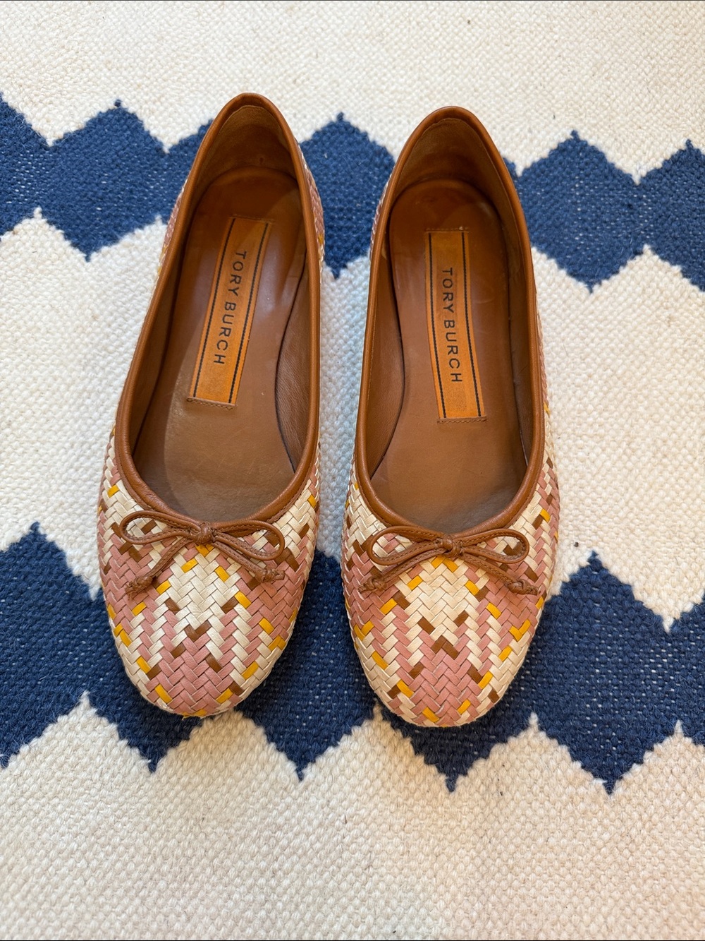 Tory Burch Woven Leather Ballet Flats in Brown, Cream, Yellow, & Pink